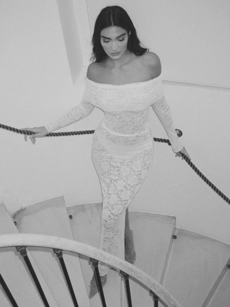 Elegant Lace Patchwork Long Sleeved Two Piece Set Women Slim Fit One Line Neck Top Tight Long Skirt Set Party Clubwear