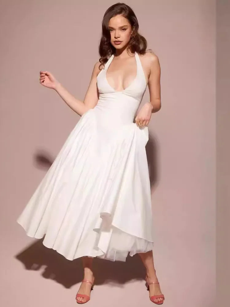 Elegant Sleeveless Bodycon Long Dress Women 2024 Summer New Sexy Hanging Neck Deep V-Neck Vestido Backless Evening Dress