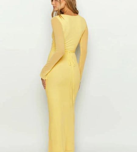 Sexy Mesh Patchwork Long Sleeved Women's Dress 2024 New Hollow Out Deep V-neck Lace Up Evening Dress Slim Party Vestido