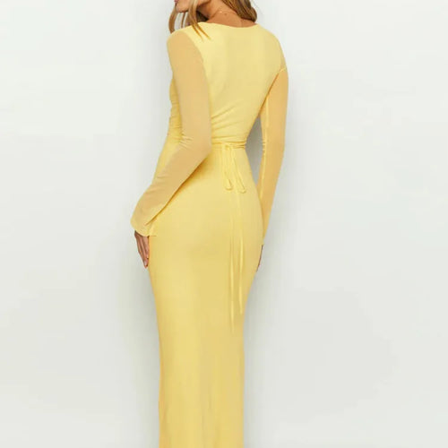 Load image into Gallery viewer, Sexy Mesh Patchwork Long Sleeved Women's Dress 2024 New Hollow Out Deep V-neck Lace Up Evening Dress Slim Party Vestido
