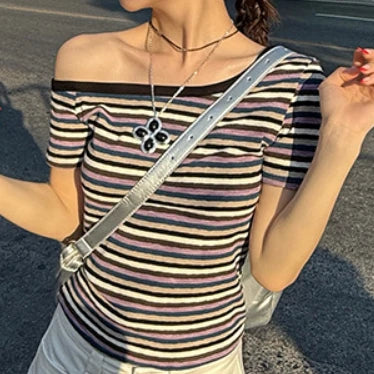 Load image into Gallery viewer, Women Harajuku Knitted Contrast Color Stripe Tops Y2k Aesthetic Sexy Slash Neck Tees Summer Slim Fit Streetwear Grunge Tshirts
