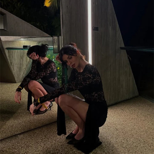 Load image into Gallery viewer, Lace See Through Draped Mini Dress Women Robe Elegant Patchwork Long Sleeve Slim Ruched Club Party Dress Clubwear
