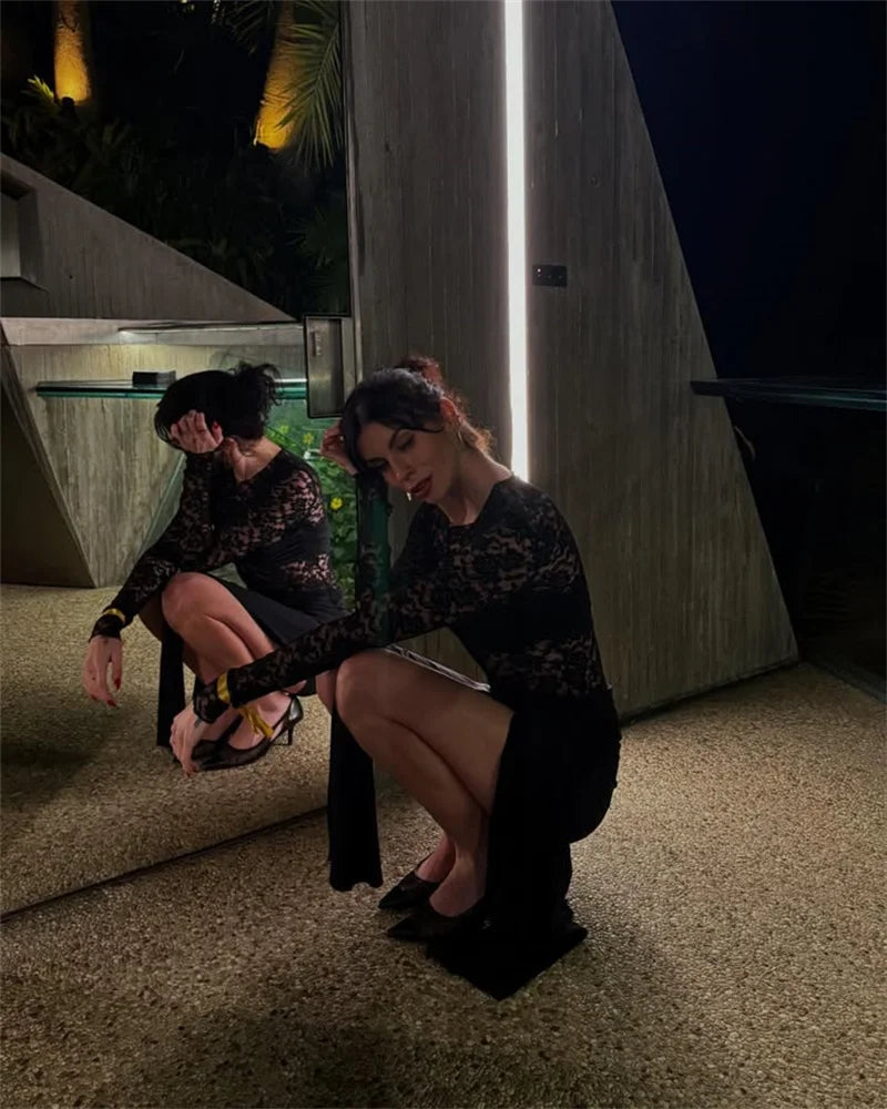 Lace See Through Draped Mini Dress Women Robe Elegant Patchwork Long Sleeve Slim Ruched Club Party Dress Clubwear