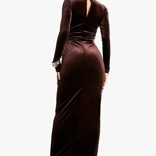 Load image into Gallery viewer, Velvet Long Sleeve Sexy Maxi Dress For Women Autumn Winter New Turtleneck Draped Ruched Bodycon Sexy Long Dress

