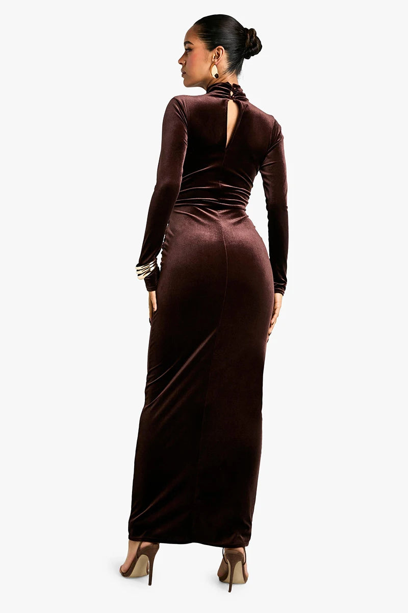 Velvet Long Sleeve Sexy Maxi Dress For Women Autumn Winter New Turtleneck Draped Ruched Bodycon Sexy Long Dress
