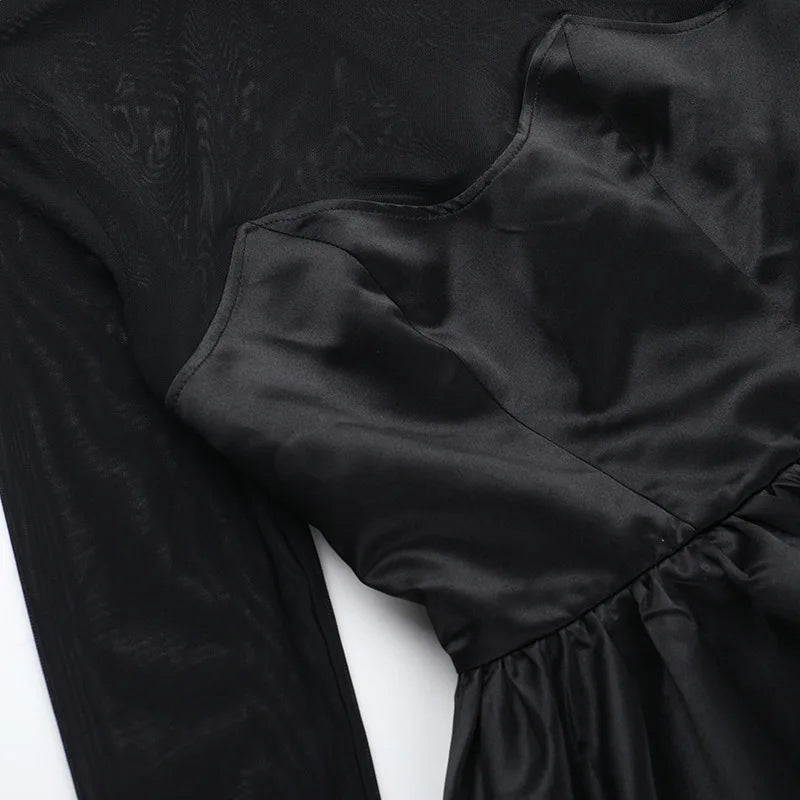 Turtleneck Sheer Long Sleeve Sexy Mini Dress For Women Black See Through High Waist A-line Club Party Dress Elegant