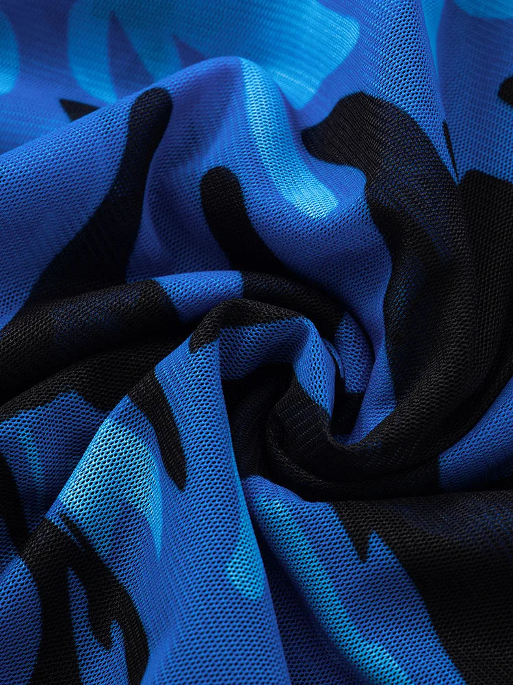 Blue Print Ruffled Sexy Mini Dress For Women Robe Irregular Oblique Shoulder Sleeveless Backless Club Party Dress Beach