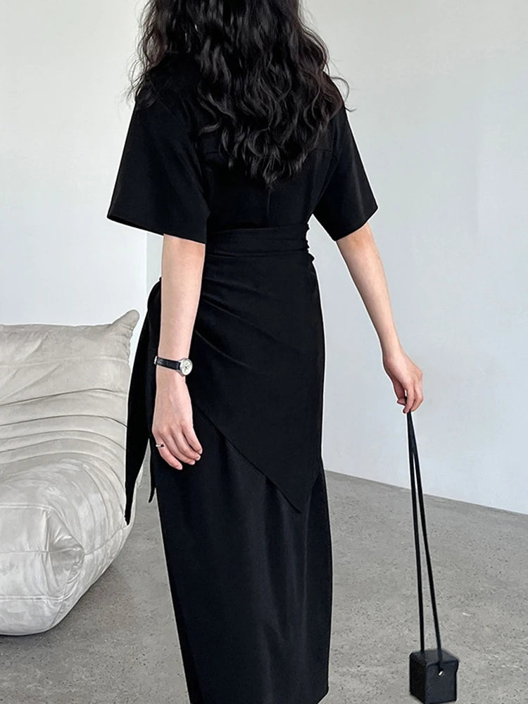 Women White Bandage Irregular Big Size Midi Dress New Round Neck Short Sleeve Fashion Tide Spring Summer 2025 1DJ1263