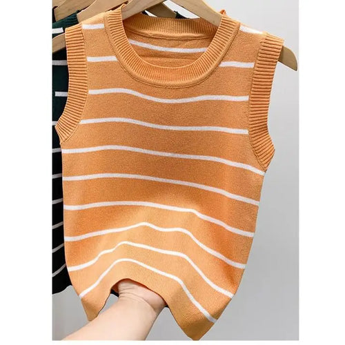 Load image into Gallery viewer, New 2024 Vintage Basic Bottoming Striped Patchwork Knit Vest Women Autumn Winter Elegant Sleeveless Slim Short Tank Tops Fashion

