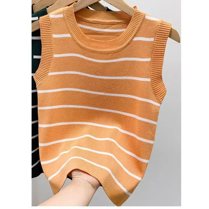 New 2024 Vintage Basic Bottoming Striped Patchwork Knit Vest Women Autumn Winter Elegant Sleeveless Slim Short Tank Tops Fashion