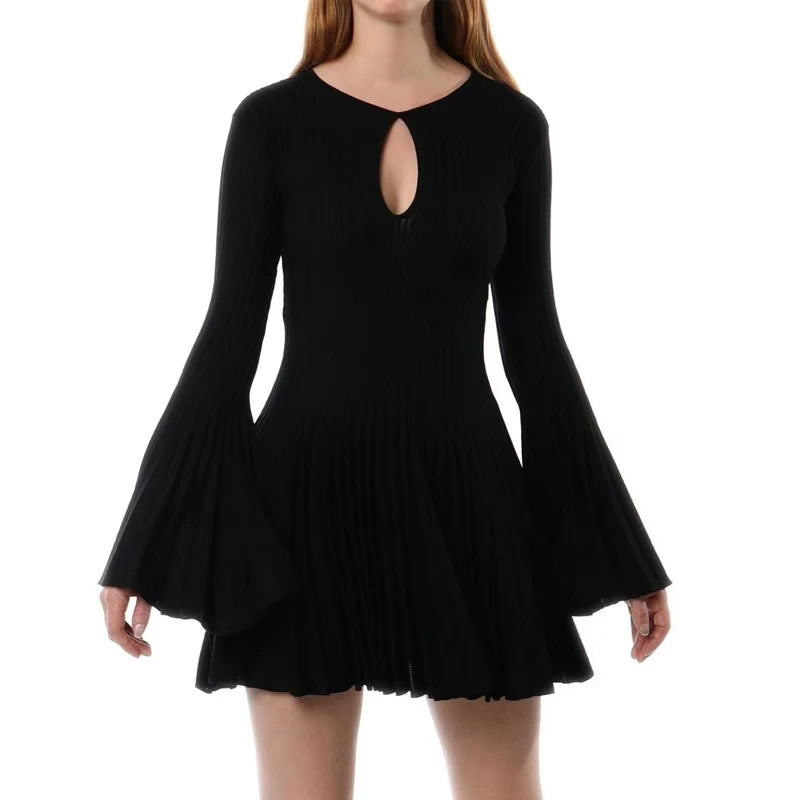 Autumn New 2024 Black Elegant Long Sleeve Knit Mini Dress For Women Beige  Round Neck Hollow Out Simple Pleated Short Dress Chic