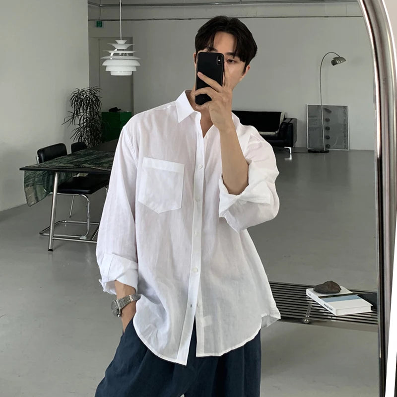 Men's Shirts Long Sleeve New Korean Style Solid Color Stylish Turn-down Collar Causal Trendy Male Loose Clothing 9W1981