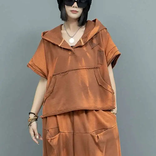 Load image into Gallery viewer, Big Size Sweatshirt Cross Pants Two Piece Suit New Hooded Short Sleeve Women Fashion Tide Spring Autumn 2025  1DH9474
