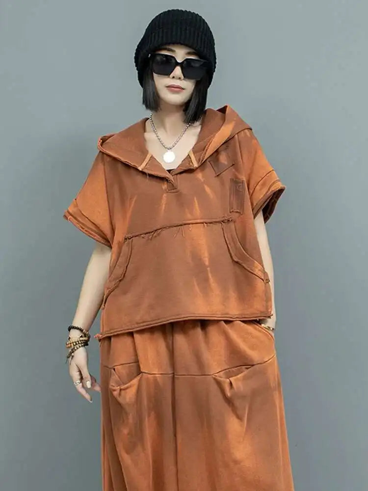 Big Size Sweatshirt Cross Pants Two Piece Suit New Hooded Short Sleeve Women Fashion Tide Spring Autumn 2025  1DH9474