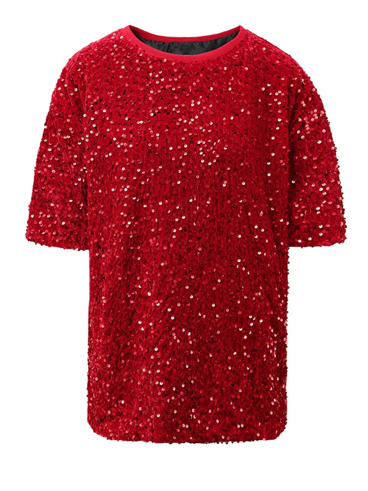 Women Gray Sequins Shining Big Size Casual T-shirt New Round Neck Short Sleeve Fashion Tide Spring Summer 2025 CPG1449