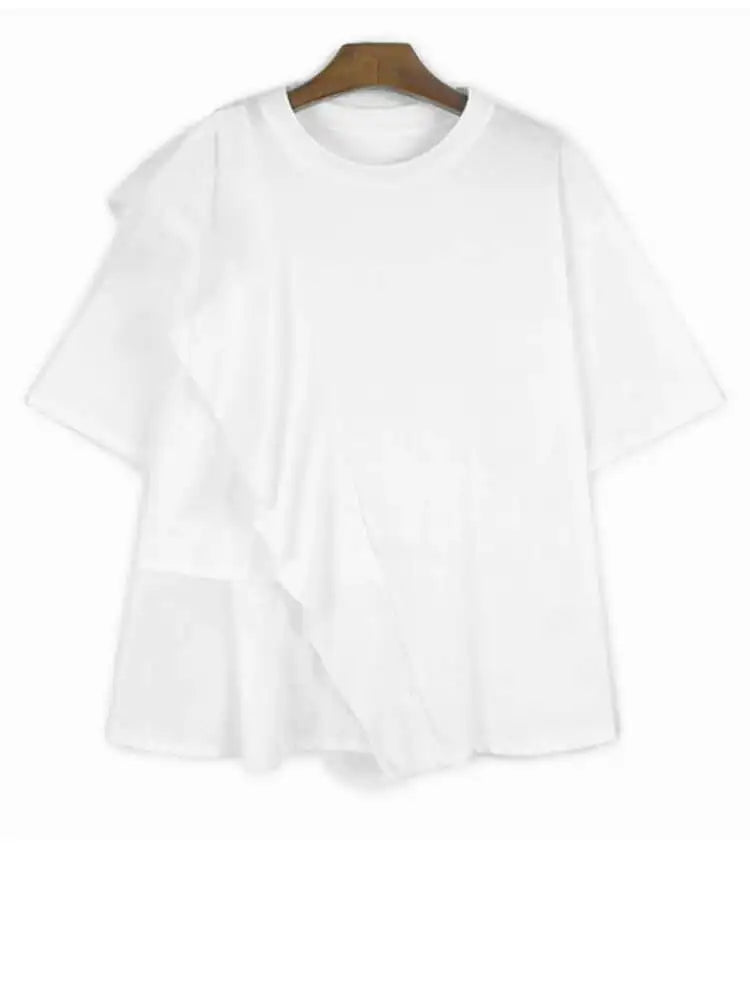 Women Blue Mesh Ruffles Big Size Elegant T-shirt New Round Neck Short Sleeve Fashion Tide Spring Summer 2025 1DJ0586