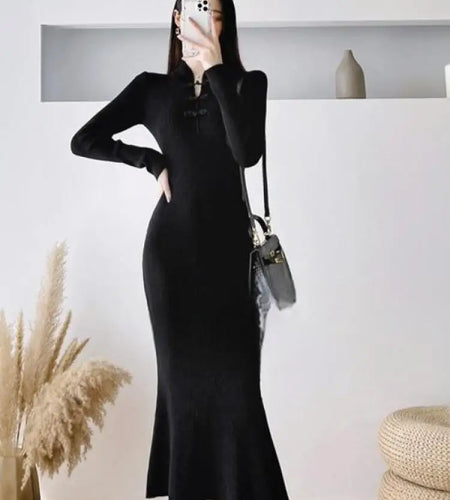 Autumn Winter Chinese Style Women's Solid Bottom Long Sleeved Dress Retro Hollow Out Wrap Hip Knitwear Fishtail Dress 2024 Trend