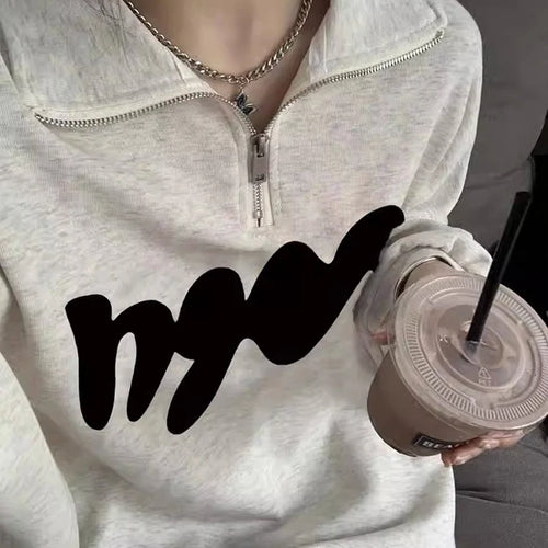 Load image into Gallery viewer, Polo Neck Printing Casual Women&#39;s Hoodies Fashion Streetwear Spell Color Chic Pullovers Simple Basic Female Sweatshirts
