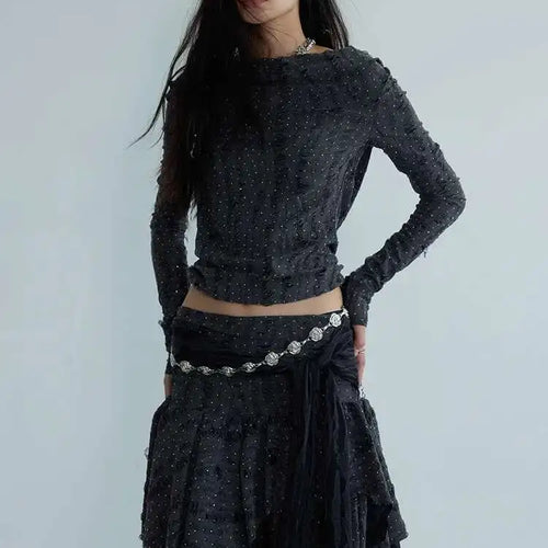 Load image into Gallery viewer, Dark Gray Knitting T-shirt Half-body Skirt Two Pieces Suit New V-Neck Long Sleeve Women Fashion Spring Autumn 2025 1DH7078

