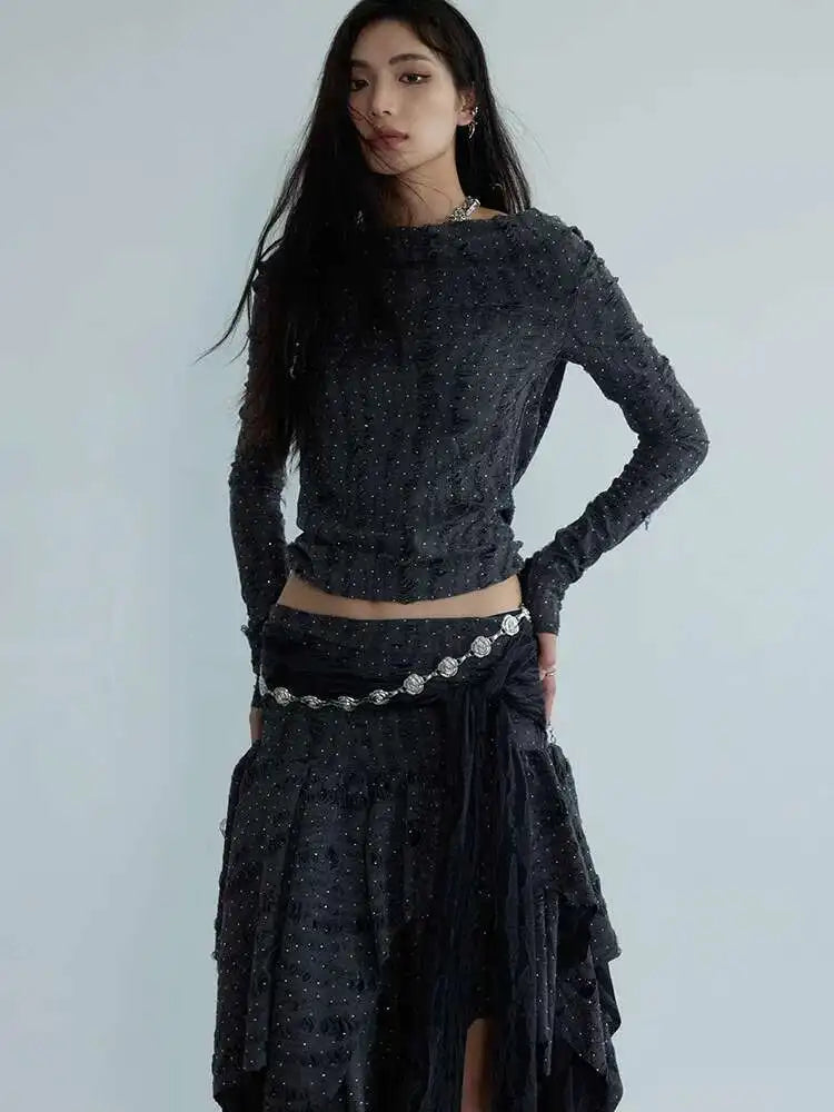 Dark Gray Knitting T-shirt Half-body Skirt Two Pieces Suit New V-Neck Long Sleeve Women Fashion Spring Autumn 2025 1DH7078