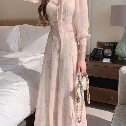 Load image into Gallery viewer, Jielur Spring Elegant V-Neck Midi Dress Female Long Sleeve Slim One Piece Dress Korean Fashion Vintage Floral Chiffon Dress Y2k
