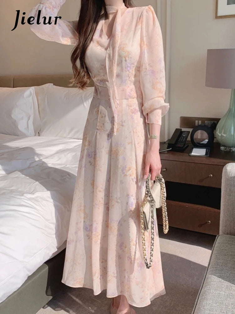 Jielur Spring Elegant V-Neck Midi Dress Female Long Sleeve Slim One Piece Dress Korean Fashion Vintage Floral Chiffon Dress Y2k