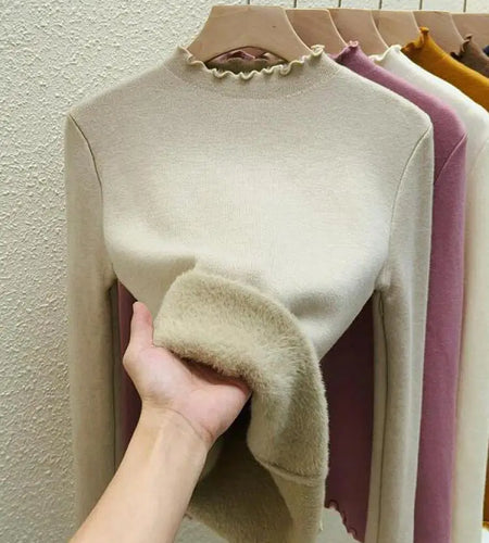 Autumn Winter Korean Solid Half Height Collar Velvet Knit Sweater Women Fashion Warm Long Sleeve Festival Pullovers Tops Casual