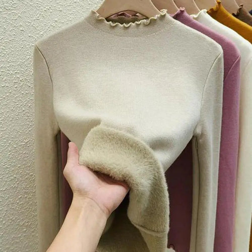 Load image into Gallery viewer, Autumn Winter Korean Solid Half Height Collar Velvet Knit Sweater Women Fashion Warm Long Sleeve Festival Pullovers Tops Casual
