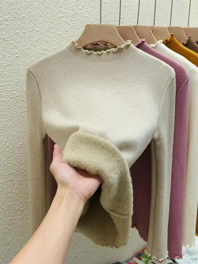 Autumn Winter Korean Solid Half Height Collar Velvet Knit Sweater Women Fashion Warm Long Sleeve Festival Pullovers Tops Casual