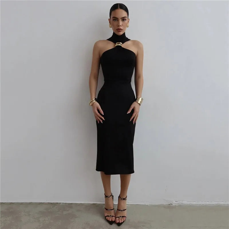 Turtleneck Off-shoulder Sexy Maxi Dress Women Gown Summer New Ring Metal Sleeveless Backless Skinny Knit Long Dress
