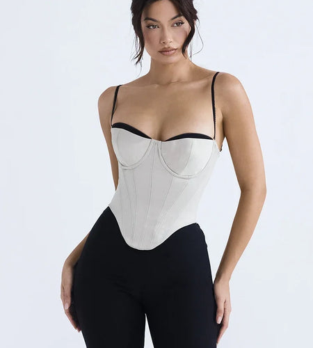 Thick Satin Bustier Corset Crop Top with Chest Pads Spaghetti Strap White Bodycon Top Summer Women Tops with Fishbone