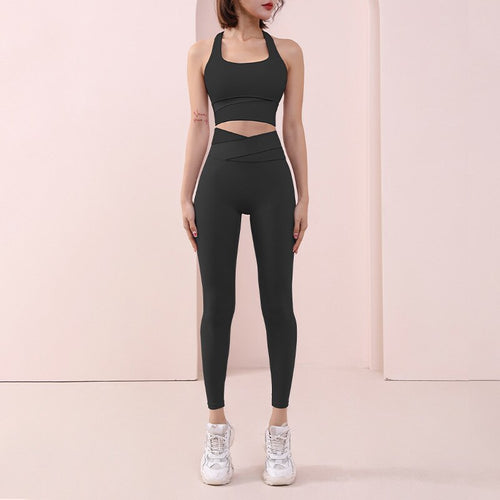 Load image into Gallery viewer, Women Sportswear Suit Bandage Patchwork Sports Bra Sexy High Waist Leggings Workout Athletic Fitness Clothing Two Piece Yoga Set
