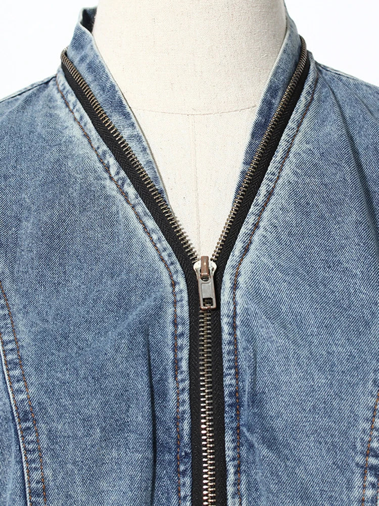 Black Pleated Color-block Denim Jacket New Stand Collar Long Sleeve Women Coat Fashion Tide Spring Autumn 2025 7AB3764