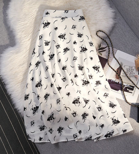 Summer Women Elegant Casual Beach Skirt 2023 New Flower Print Elastic Waist Slim Ladies Mid-length Pleated Skirts Vintage French