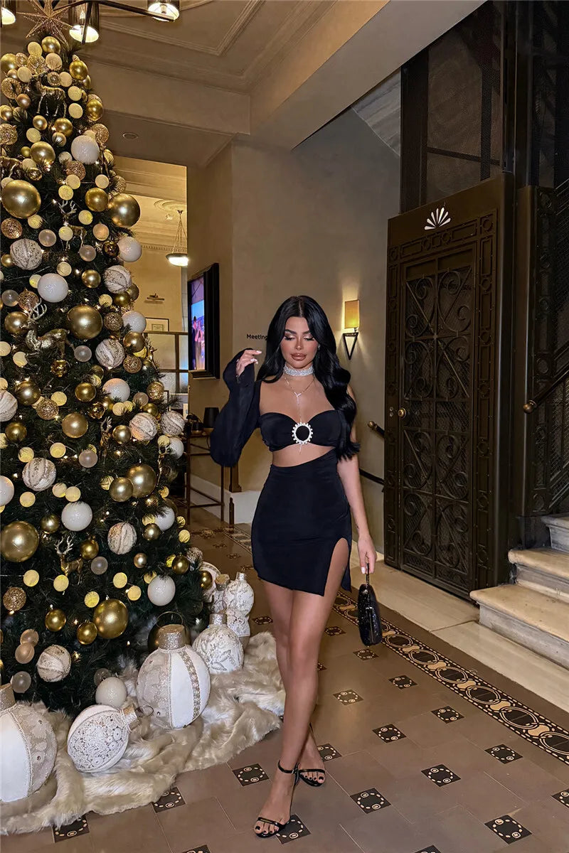 Hollow Out Backless Sexy Mini Dress For Women Robe Elegant Fashion One Sleeve Side Slit A-line Club Dress Vestido