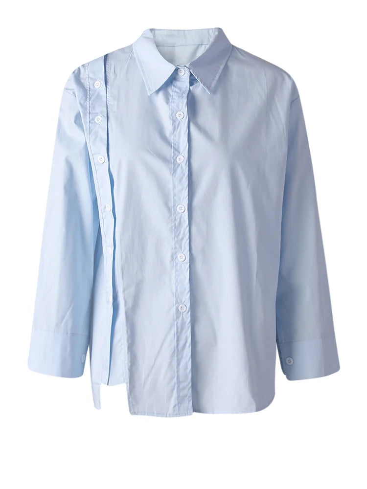Women Blue Button Irregular Slit Big Size Blouse New Lapel Long Sleeve Shirt Fashion Tide Spring Autumn 2025  CPG3190