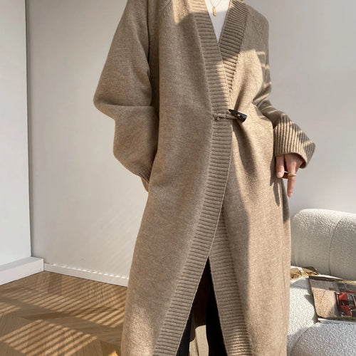 Load image into Gallery viewer, Khaki Horn Button Big Size Knitting Cardigan Sweater V-Neck Long Sleeve Women New Fashion Tide Spring Autumn 2025 1DH6439
