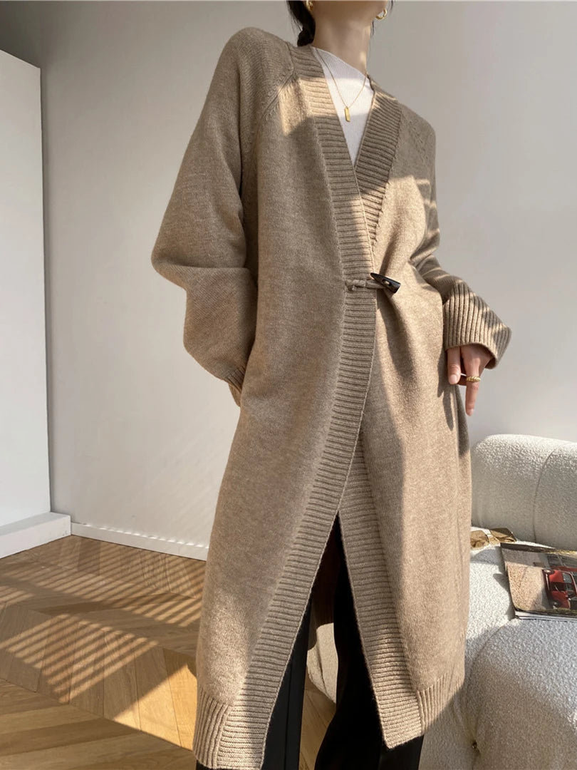 Khaki Horn Button Big Size Knitting Cardigan Sweater V-Neck Long Sleeve Women New Fashion Tide Spring Autumn 2025 1DH6439