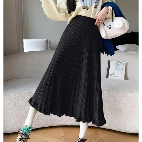 Load image into Gallery viewer, Autumn Winter Women Black White Temperament Knitted Pleated Half Skirt High Waist Versatile Elegant Vacation Ruffles Long Skirts

