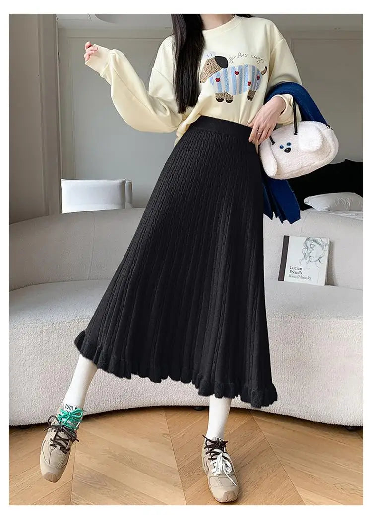 Autumn Winter Women Black White Temperament Knitted Pleated Half Skirt High Waist Versatile Elegant Vacation Ruffles Long Skirts