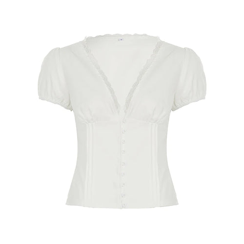 Load image into Gallery viewer, V-neck Lace Patchwork French Style Shirts Women Skinny With Button Puff Sleeve White Blouse Y2K Aesthetics Cute Tops
