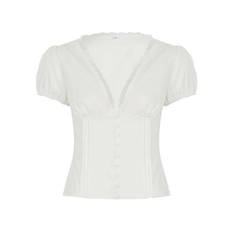 V-neck Lace Patchwork French Style Shirts Women Skinny With Button Puff Sleeve White Blouse Y2K Aesthetics Cute Tops