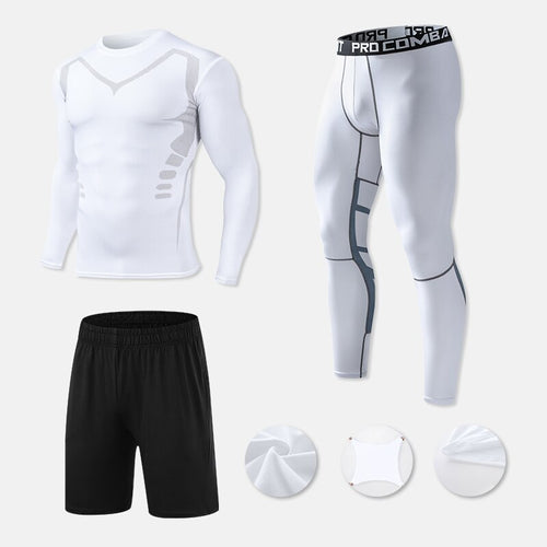 Load image into Gallery viewer, Mens Compression Sportswear Set Gym Running Sport Clothes Tight T-shirt Lycra Leggings Athletics Shorts Fitness Rash Guard Kits v2
