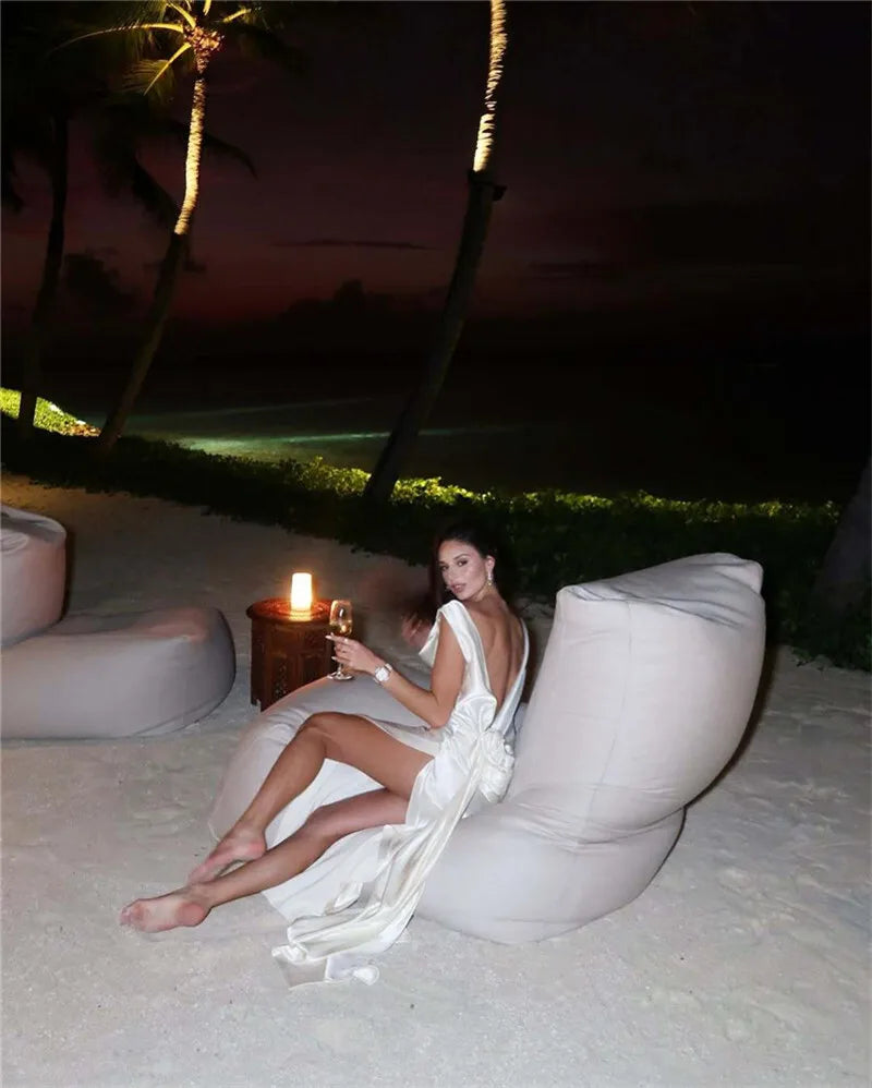 Satin Backless Sexy Maxi Dress For Women Elegant Rose Thigh High Split Beach Holiday Long Dress Gorgeous Club Gown