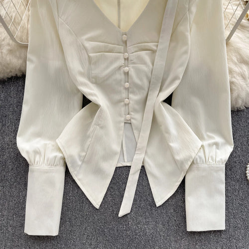 Load image into Gallery viewer, French Vintage Beige Lantern Long Sleeve Shirts For Women Autumn V Collar Pleated Tops Irregular Slim Blouses Fashion Beautiful
