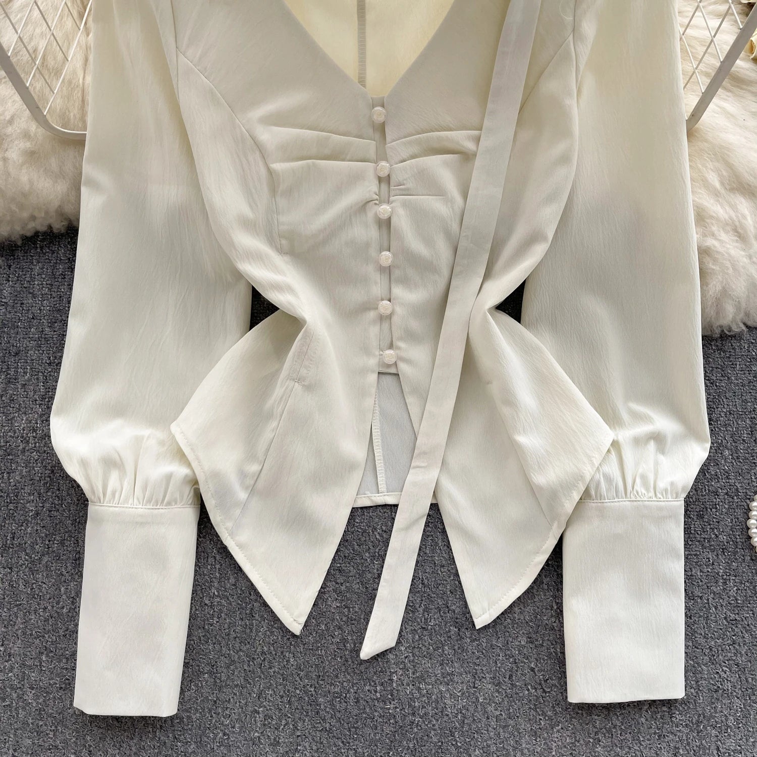 French Vintage Beige Lantern Long Sleeve Shirts For Women Autumn V Collar Pleated Tops Irregular Slim Blouses Fashion Beautiful