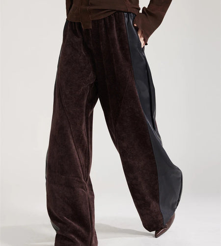 High Elastic Waist Coffee Pu Leather Spliced Wide Leg Pants New Trousers Women Fashion Tide Spring Autumn 2025 1DH8028