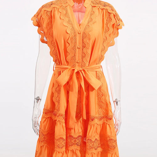 Load image into Gallery viewer, Hollow Out Spliced Single Breasted Dresses for Women V Neck Sleeveless Patchwork Lace Up Dress Female Clothing New
