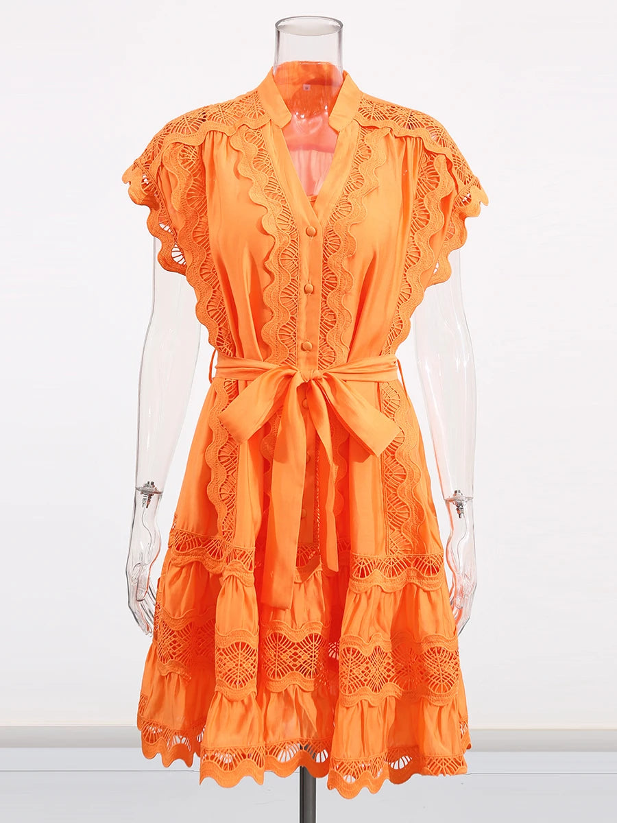 Hollow Out Spliced Single Breasted Dresses for Women V Neck Sleeveless Patchwork Lace Up Dress Female Clothing New