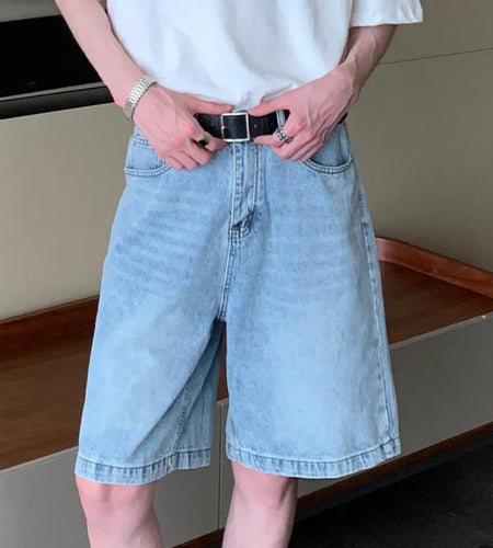 Stylish Men Wear Denim Shorts Solid Color Straight Wide Leg Denim Pants Knee-length Worn-out Vintage Trend 9C5604